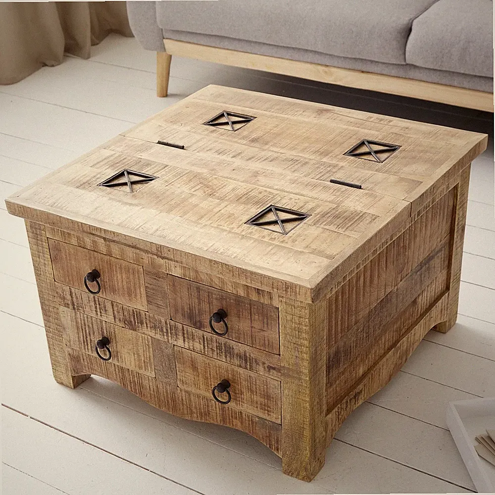 Massiver Couchtisch IRON CRAFT 70cm Mangoholz Truhe Schubladen Wohnzimmertisch