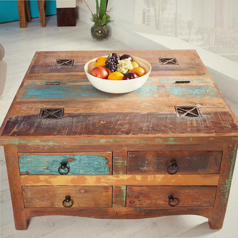 Massiver Couchtisch JAKARTA 70cm bunt Truhe recycelte Fischerboote Holz Stauraum