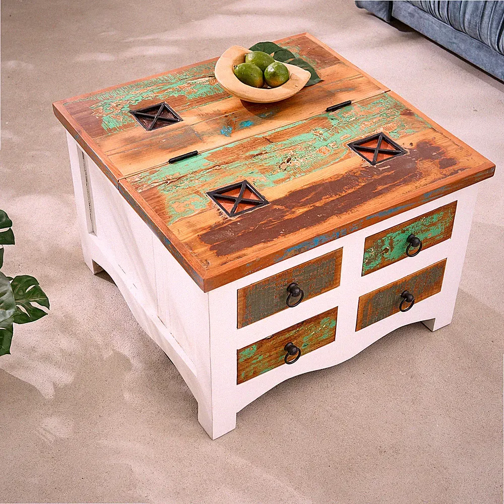 Massiver Couchtisch JAKARTA 70cm Mangoholz weiß bunt Truhe aus recycelten Booten