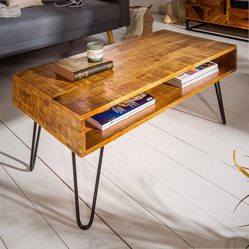 Massiver Couchtisch SCORPION natur 100cm Mangoholz Hairpin Legs Wohnzimmertisch