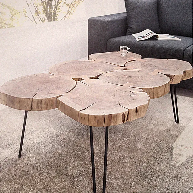 Massiver Design Couchtisch GOA 110cm Akazie Holz Baumscheiben Wohnzimmertisch