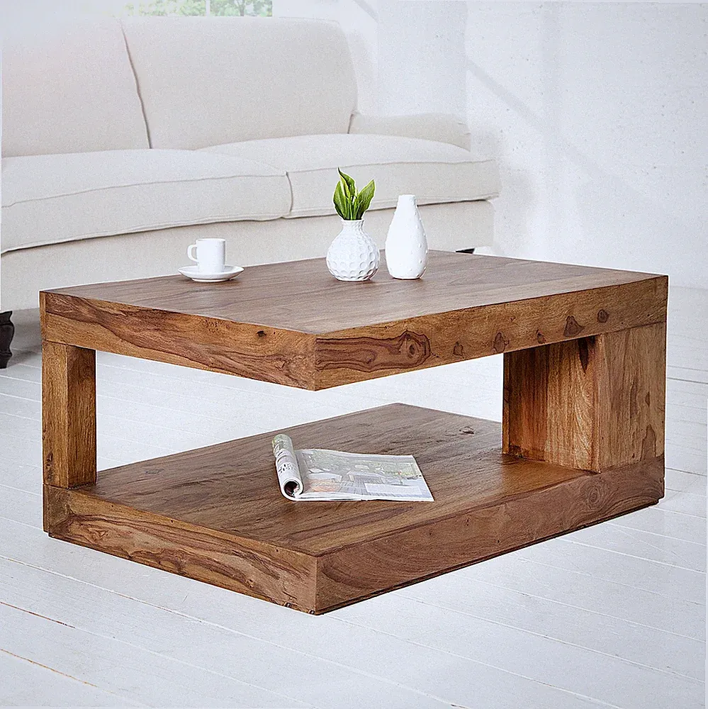 Massiver Edelholz Couchtisch GIANT L 90cm natur Sheesham stone finish mit Ablage