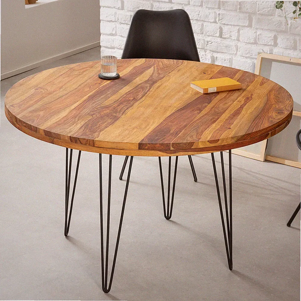 Massiver Retro Esstisch MAKASSAR 120cm Sheesham rund Hairpin Legs Küchentisch
