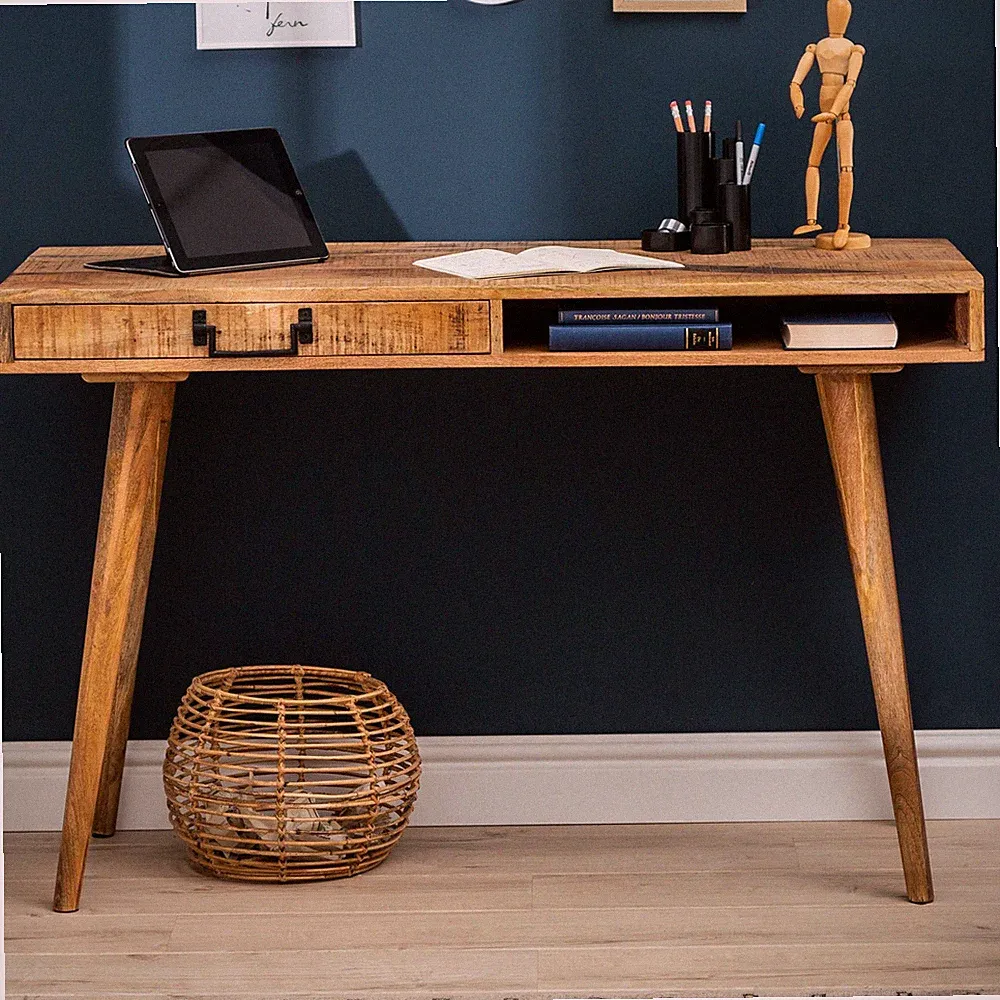 Massiver Schreibtisch RETRO 120cm Mangoholz Bürotisch mit Schublade Arbeitstisch