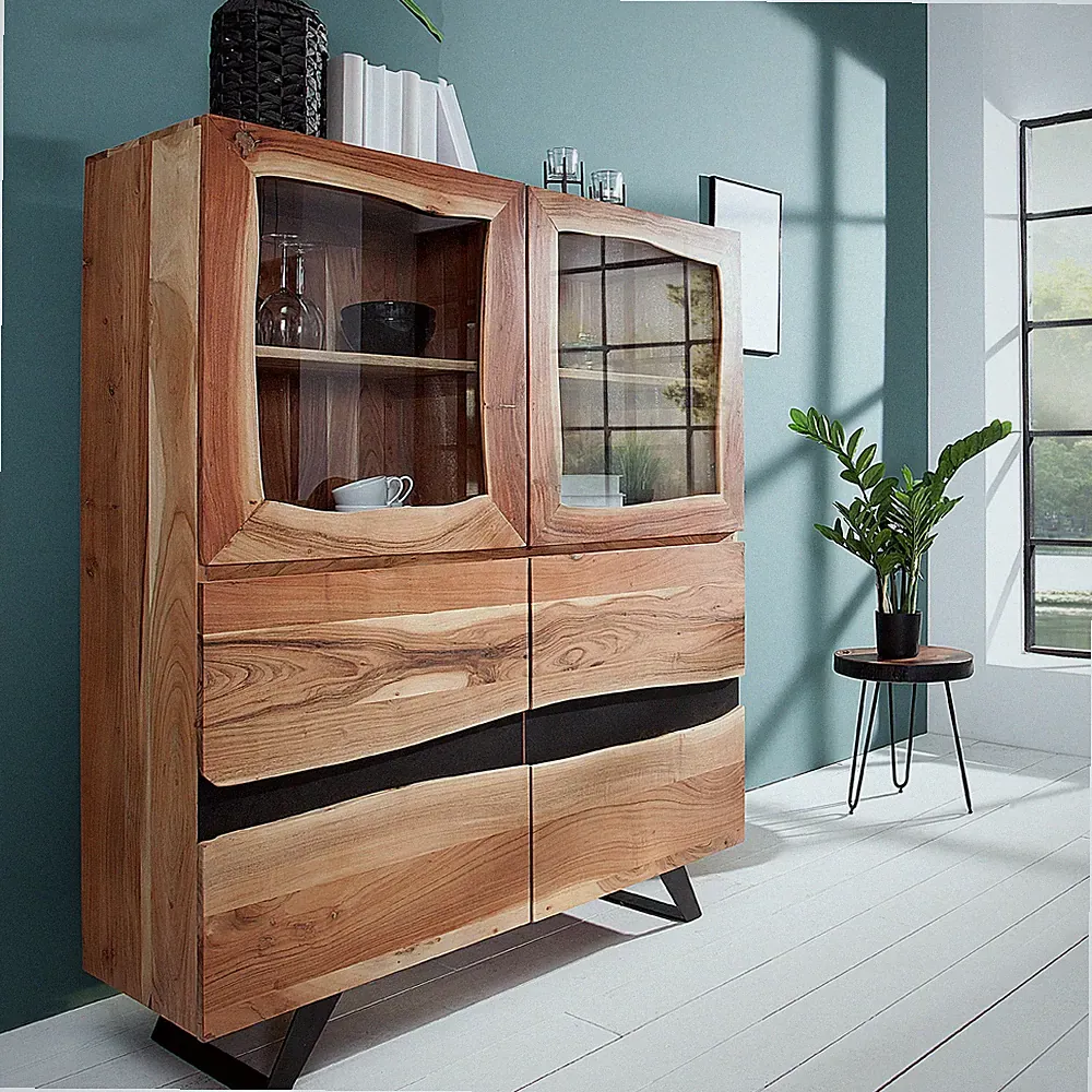 Massives Highboard AMAZONAS 140cm Akazie Metall Vitrine Baumkante Holzschrank