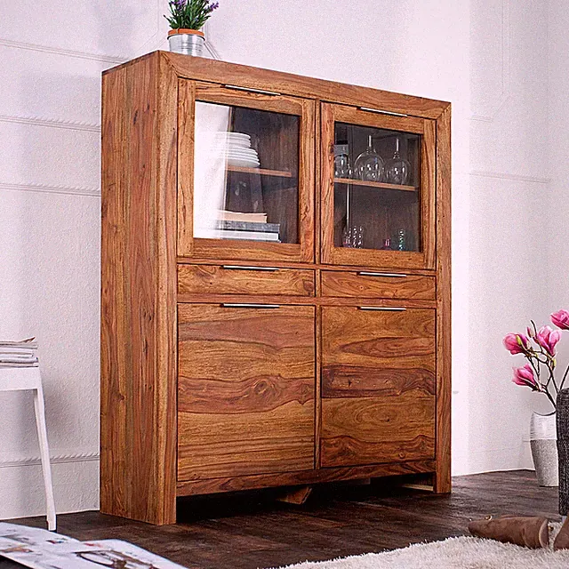 Massives Highboard PURE 140cm Sheeshamholz Kommode Vitrine Palisander Anrichte