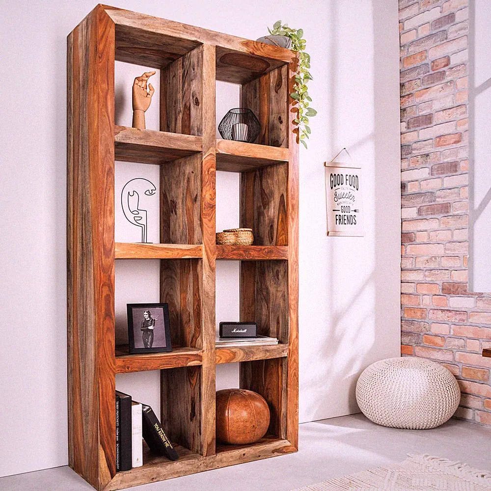 Massives Regal MAKASSAR 180cm Sheesham Holz smoke finish 8 Fächer handmade