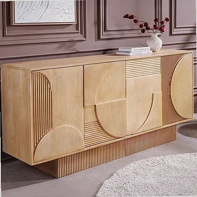 Massives Sideboard ART DECO - 170cm - weiß gekälkt - Mango - 3D-Front handmade