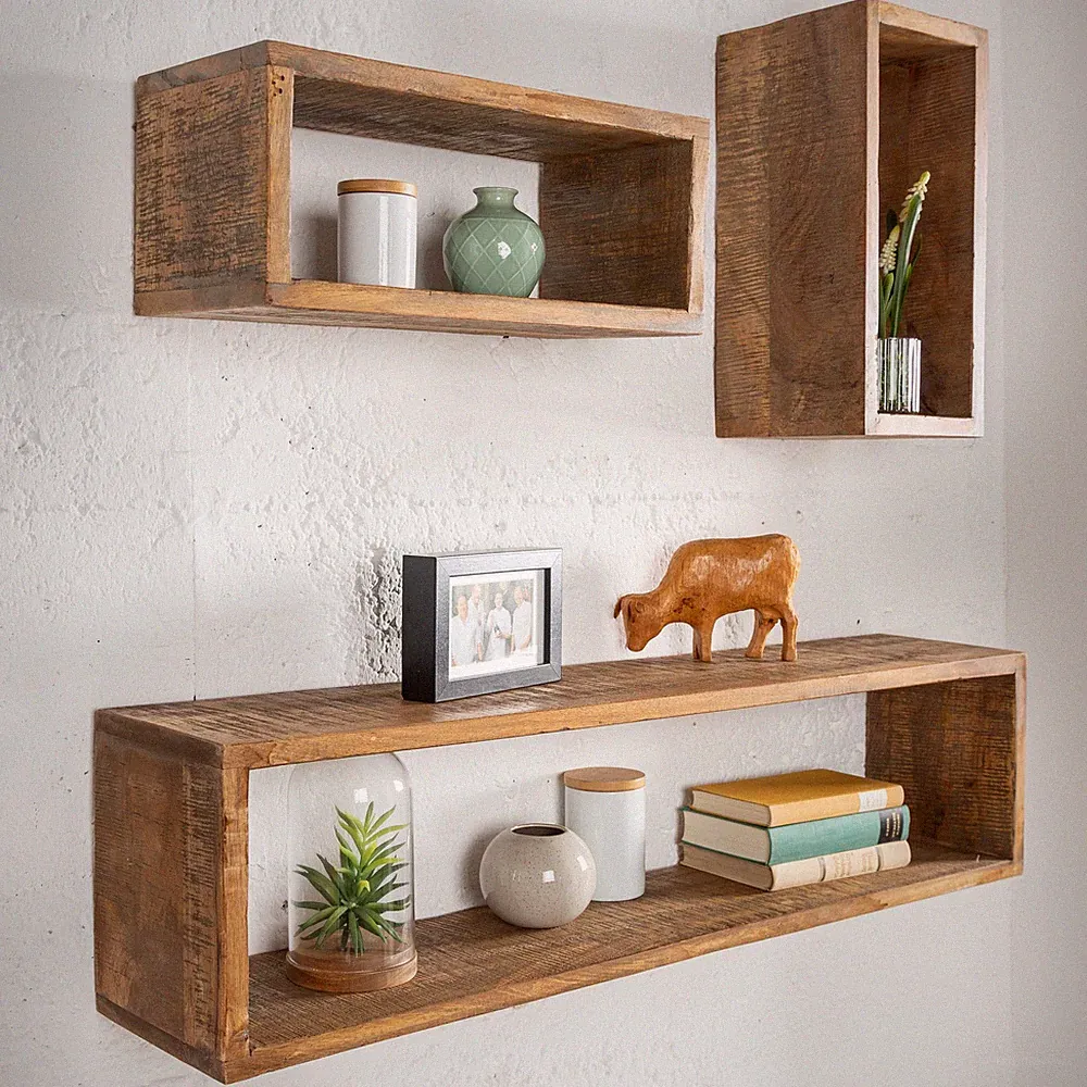 Massives Wandregal 3er Set HEMINGWAY 94cm braun aus Mangoholz Holzregal