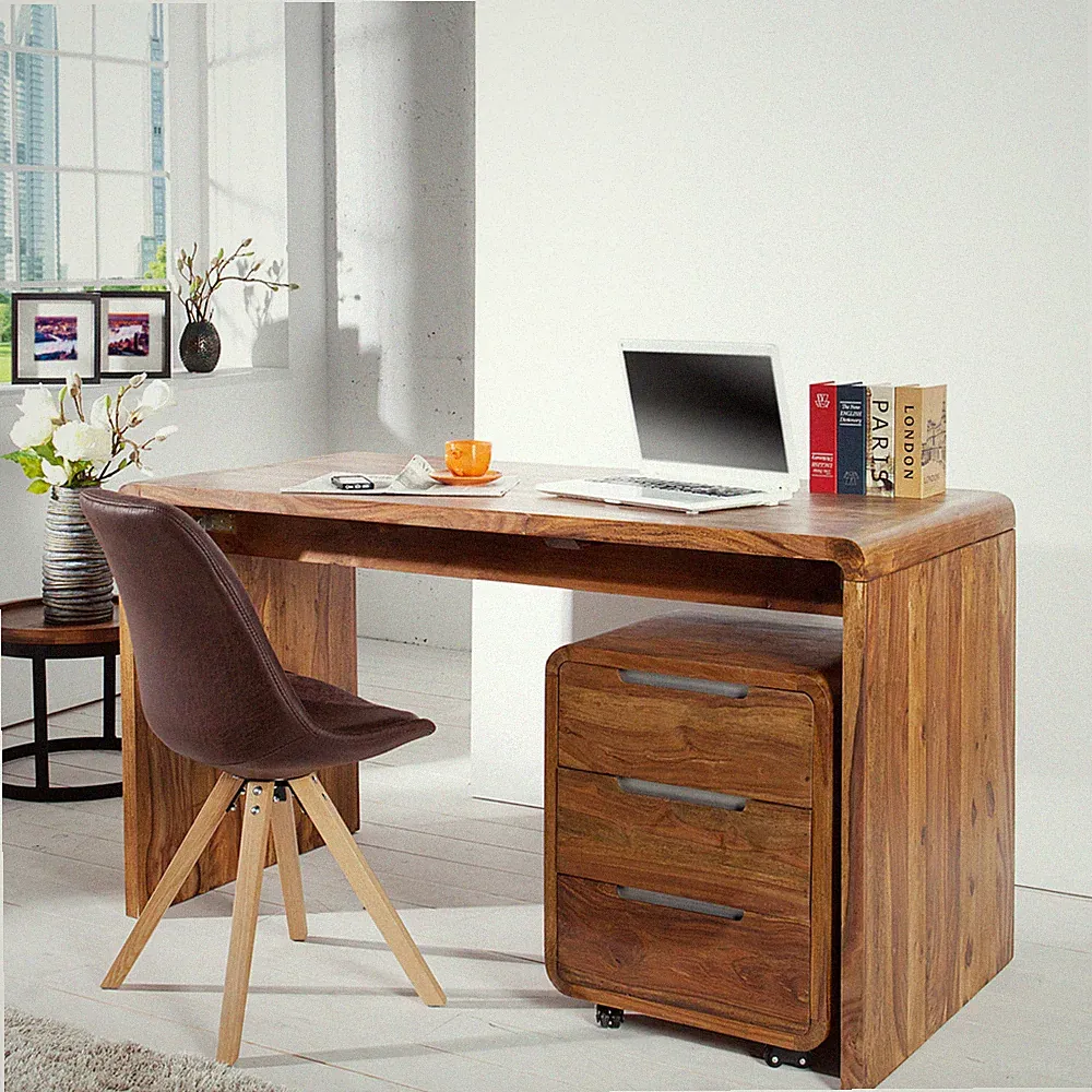Massivholz B�rotisch CUBUS 120cm natur stone finish Sheeshamholz Schreibtisch