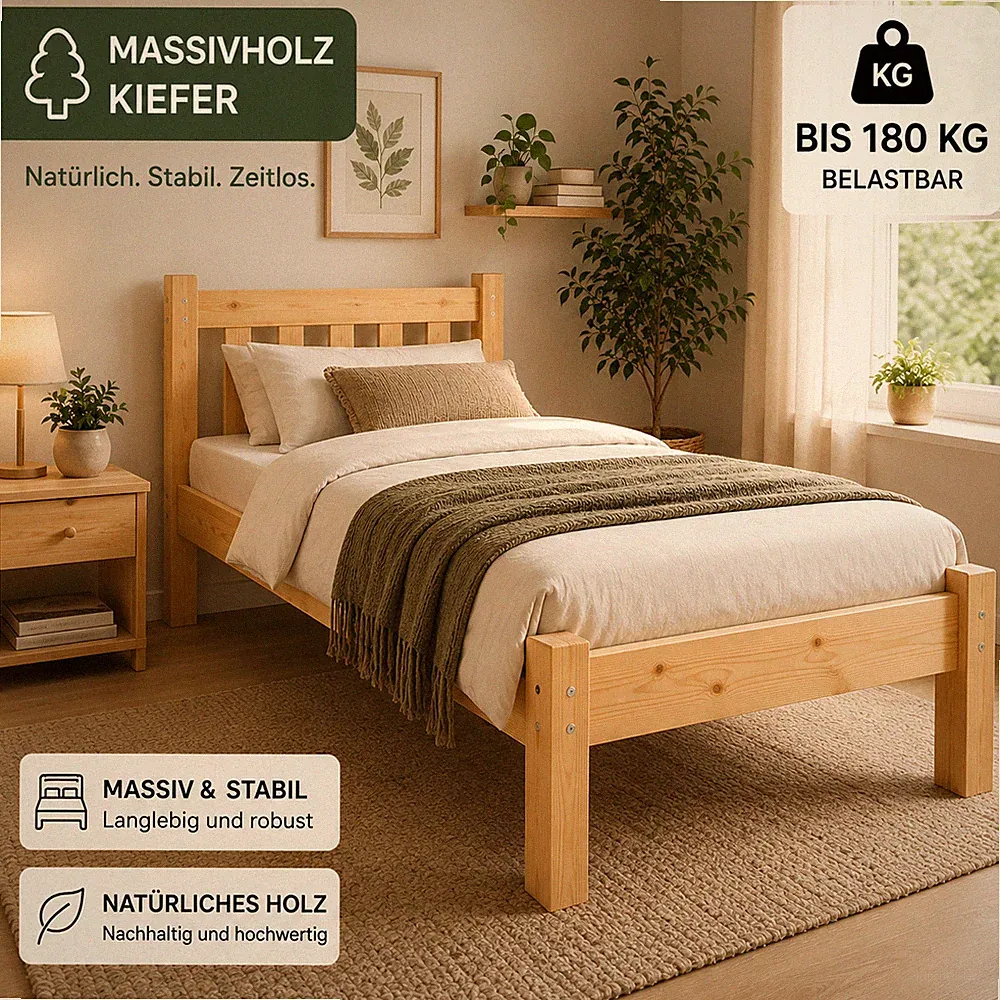 Massivholz Bett 90x200 cm Kiefer – stabiles Einzelbett mit Lattenrost bis 180 kg