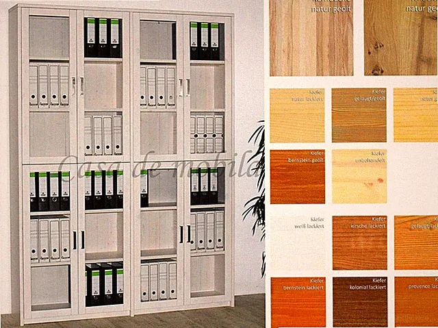 Massivholz Bücher-schrank 176x238x33cm Aktenschrank Vitrine Büro-regal mit Glas