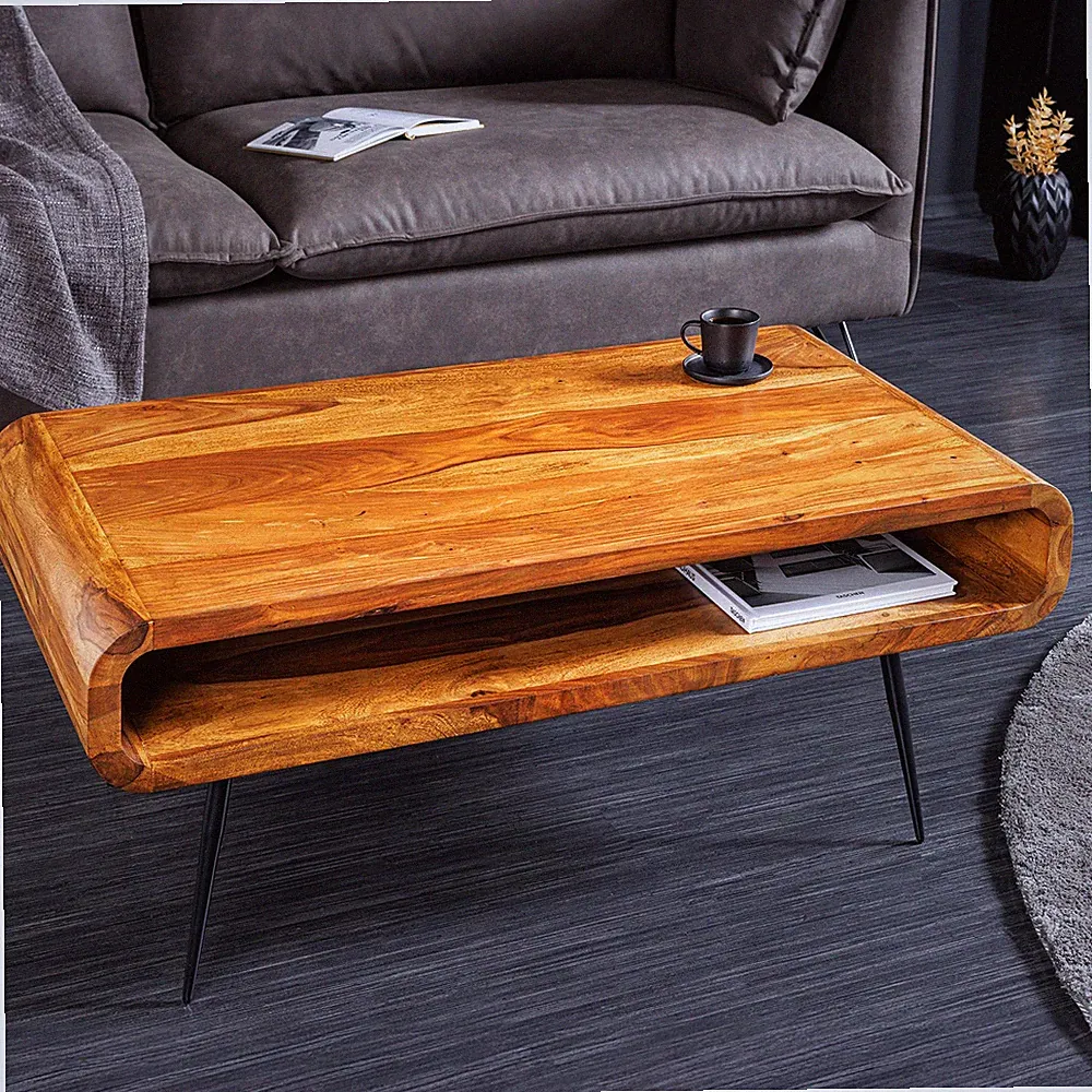 Massivholz Couchtisch ALPHA 90cm natur Sheesham Metallbeine mit Stauraum