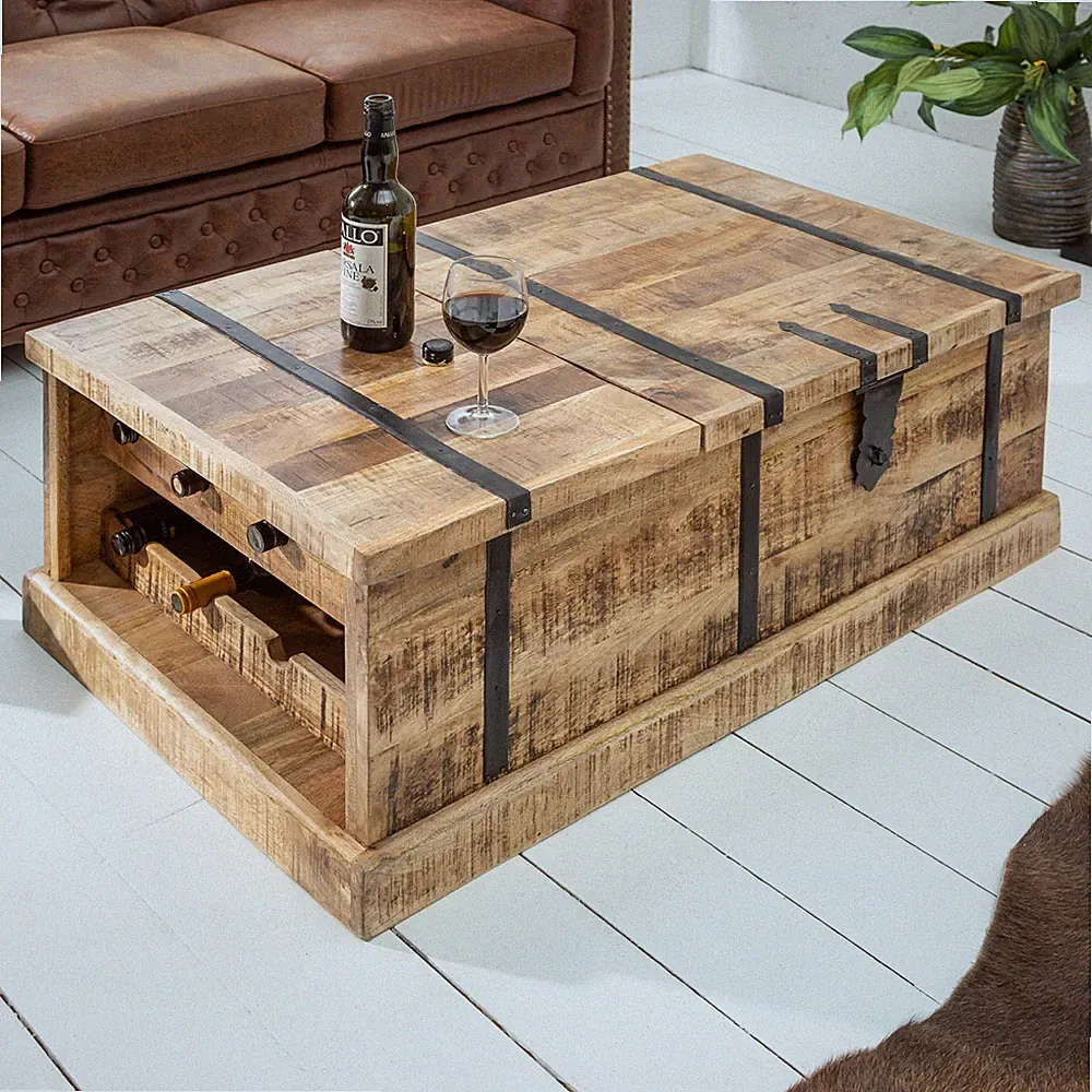 Massivholz Couchtisch BODEGA 100cm Mangoholz Hausbar Truhe Wohnzimmertisch