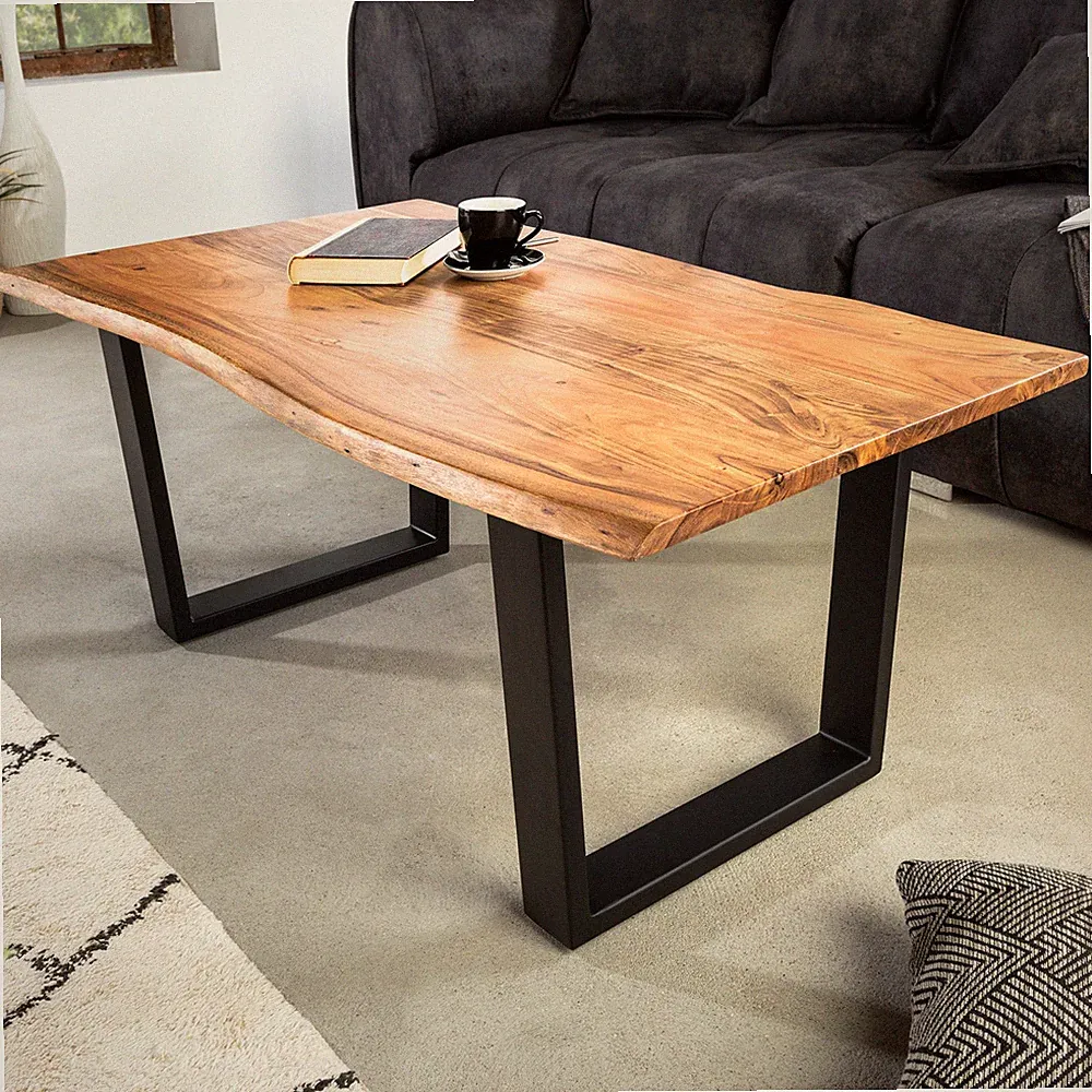 Massivholz Couchtisch MAMMUT 120cm Akazie natur schwarz Metall Wohnzimmertisch