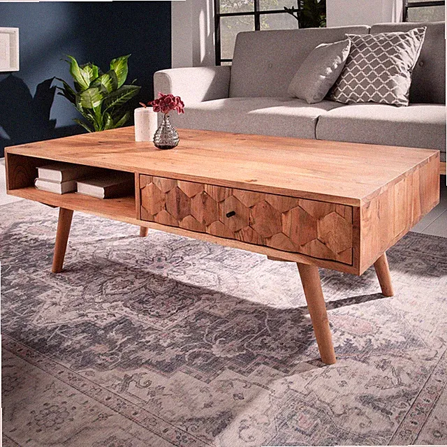 Massivholz Couchtisch MYSTIC LIVING 100cm natur Akazie mit Stauraum Schubladen