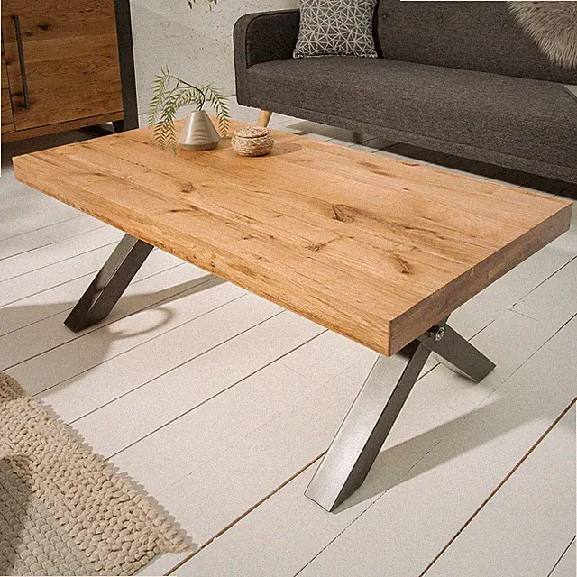 Massivholz Couchtisch THOR 110cm Wildeiche geölt X-Gestell Metall anthrazit