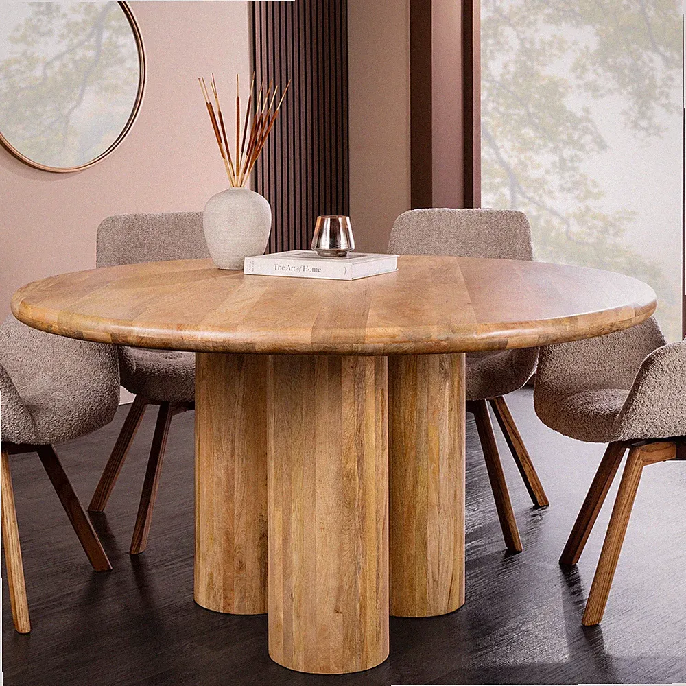 Massivholz Esstisch ART DECO - 140cm - natur - Mangoholz - rund mit Säulenfüßen