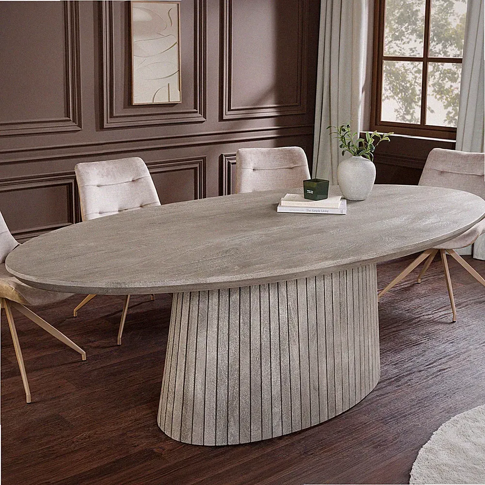 Massivholz Esstisch ART DECO - 220cm - smoke grau - Mango - mit Säulenfuß oval