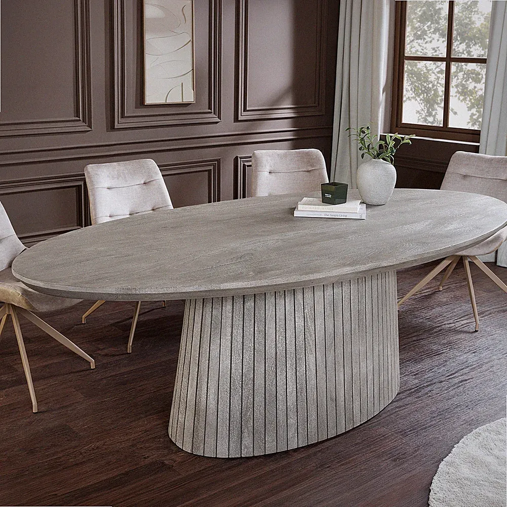 Massivholz Esstisch ART DECO - 220cm - smoke grau - Mango - mit Säulenfuß oval