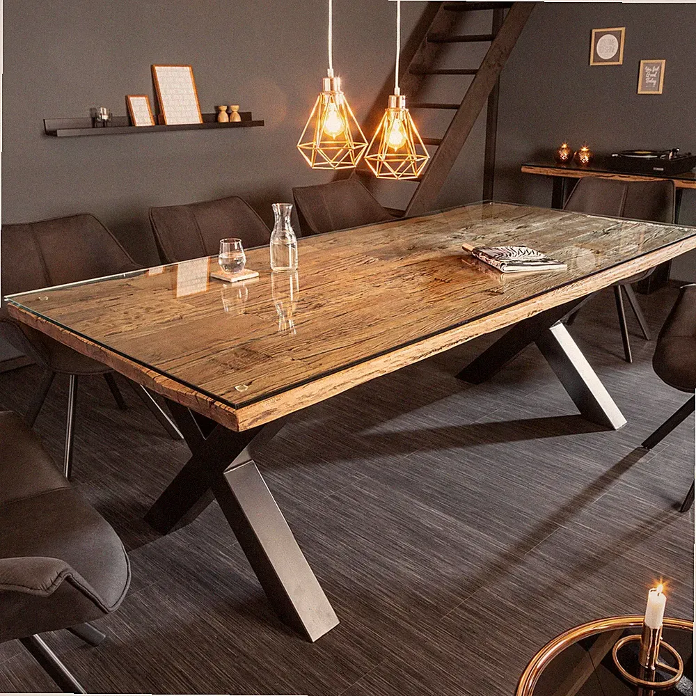 Massivholz Esstisch BARRACUDA - 220cm - natur - Teak Metall - inkl. Glasplatte