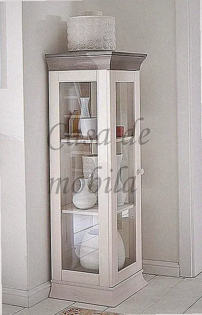Massivholz Glas-schrank 40x110x40cm Kiefer 2farbig weiß grau Vitrine Anrichte