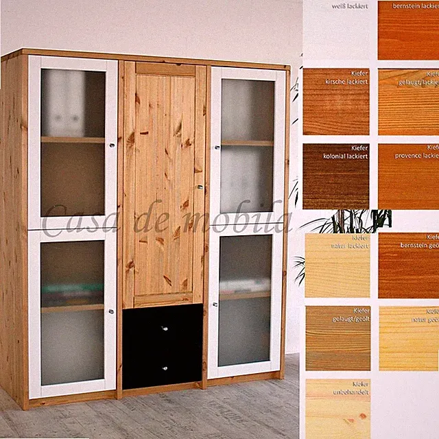 Massivholz Highboard 136x161x46cm Kiefer weiß schwarz Vitrine Küchen-schrank