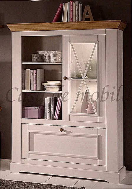 Massivholz Highboard Kiefer weiß gelaugt Vitrinenschrank Vitrine Landhausstil