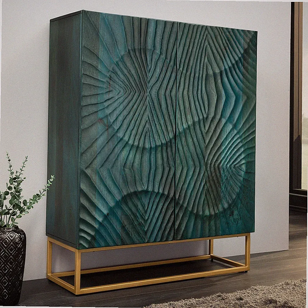 Massivholz Highboard SCORPION - 120cm - türkis gold - Mango - 3D Schnitzerei