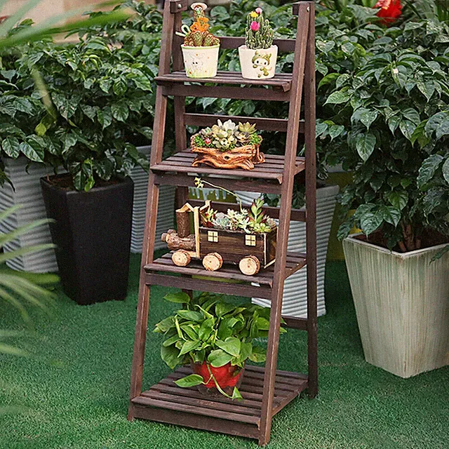 Massivholz Klapp Regal mit 4 Böden Stabiler Rahmen Pflanzen Leiter Blumen Treppe