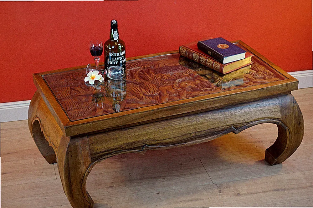 Massivholz Opium Couchtisch Schnitzerei Elefant Wohnzimmer Sofa Tisch Holz Glas