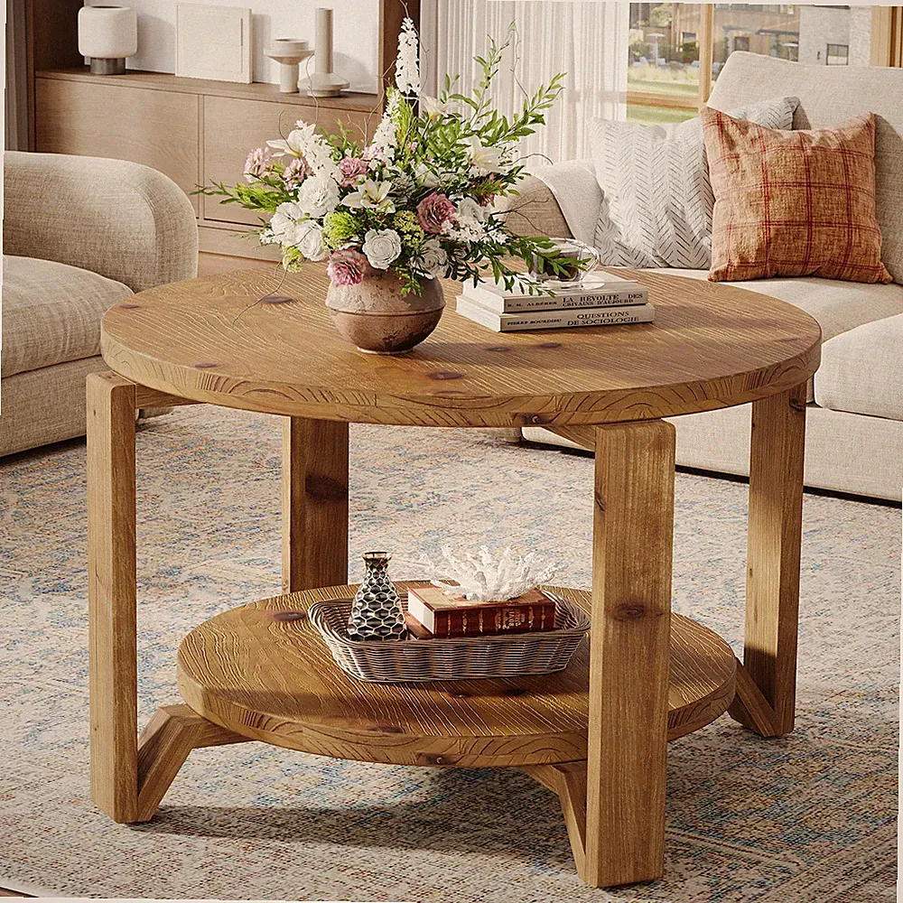 Massivholz Runder Couchtisch, 80cm Couchtisch mit Zwei Ablageflächen Wohnzimmer