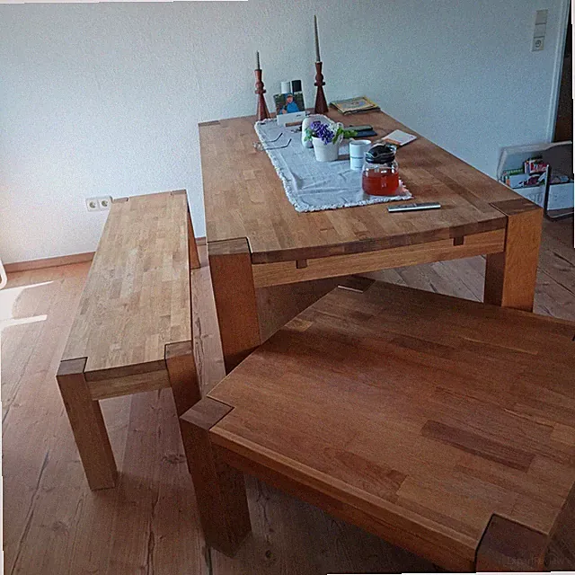 Massivholz-Set: Esstisch + Bank + Couchtisch