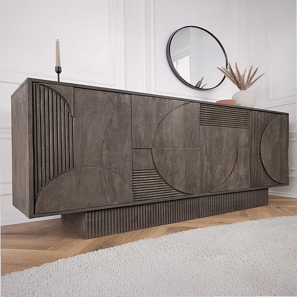 Massivholz Sideboard ART DECO - 170cm - grau - Mangoholz - 3D-Front handmade