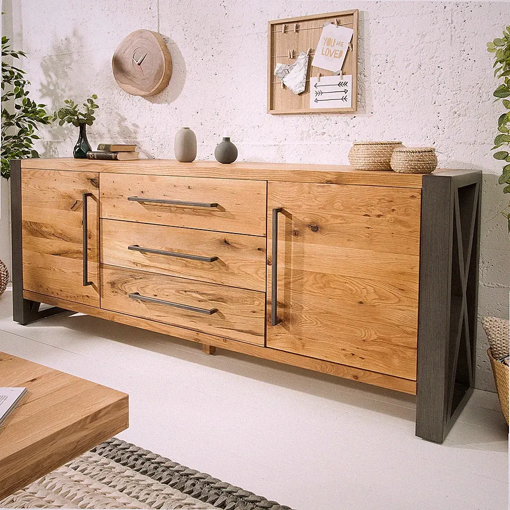 Massivholz Sideboard THOR - 200cm - natur - Wildeiche Metall - mit Schubladen