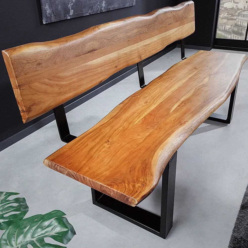 Massivholz Sitzbank MAMMUT - 160cm - natur schwarz - Akazie Metall - mit Lehne