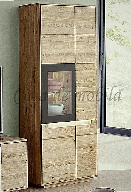 Massivholz Vitrine 77x200x40cm Wildeiche massiv geölt beleuchtet Glas links