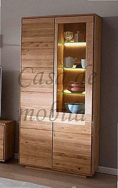 Massivholz Vitrine 93x200x40cm Wildeiche massiv geölt beleuchtet Glas rechts