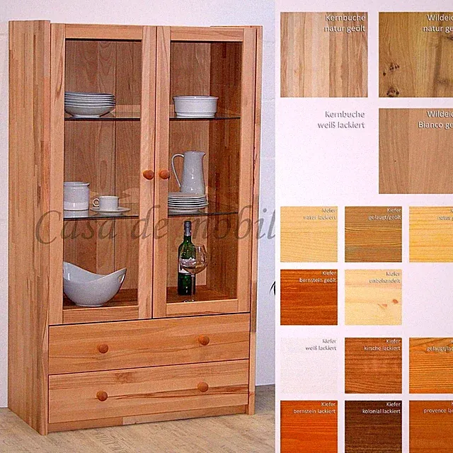 Massivholz Vitrinenschrank 89x159x46cm Kernbuche Wildeiche Kiefer Vitrine