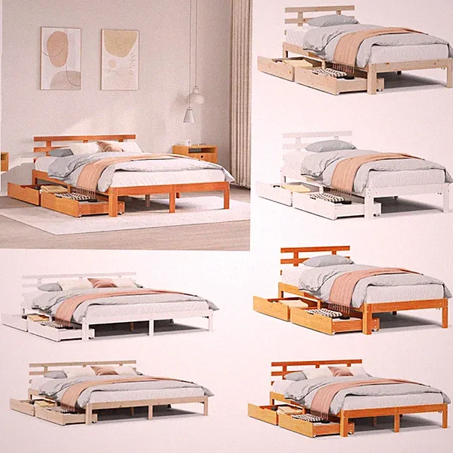 Massivholzbett Holzbett Bettgestell Bett mit Schubladen Lattenrost Multi Farben