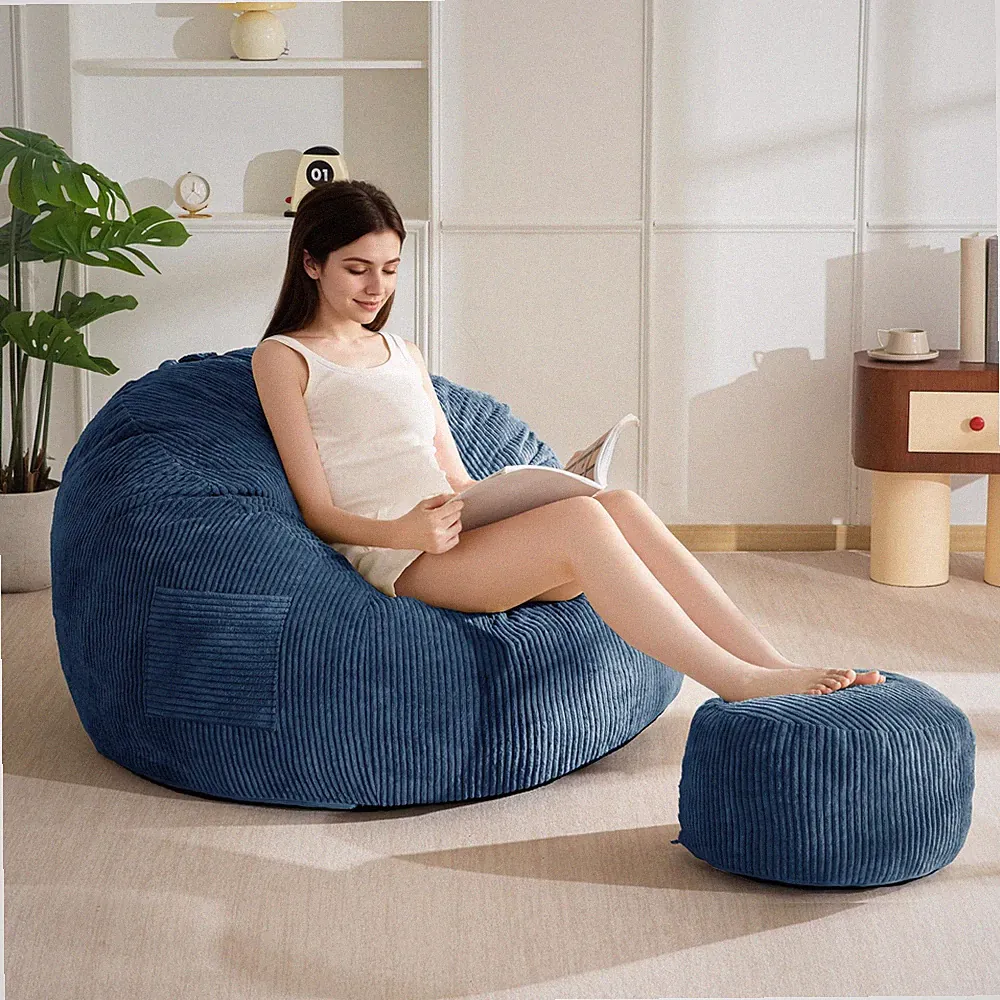 MAXYOYO Giant Cord Sitzsack Stuhl mit Fußhocker für Erwachsene, Sitzsack XL, blau