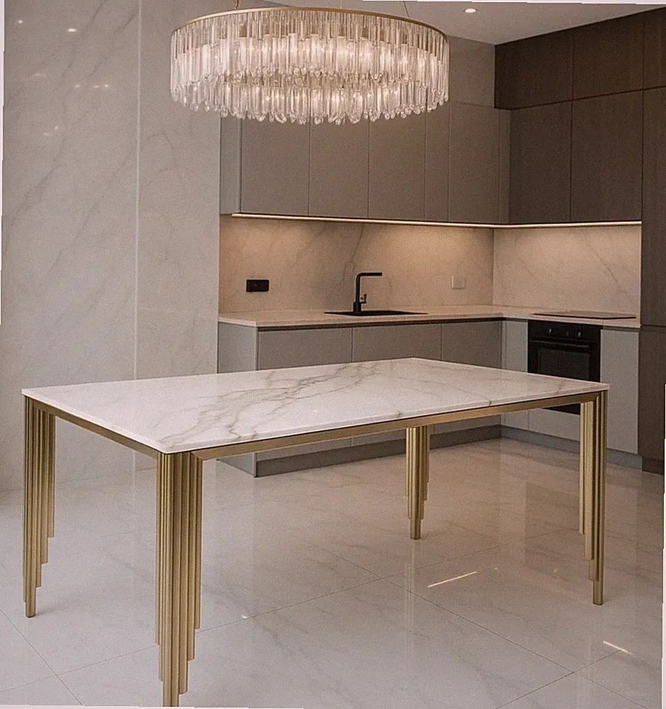 Mayfair Luxus Italienischer Esstisch 1,8 m Weißgold Marmor Keramik Gold