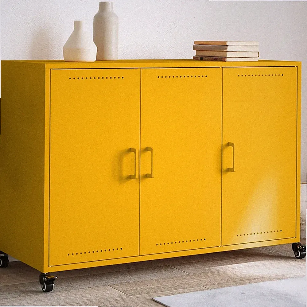 Metall Sideboard 4 Rollen 3 Türen Kommode Anrichte Beistellschank 100,5x39x72cm
