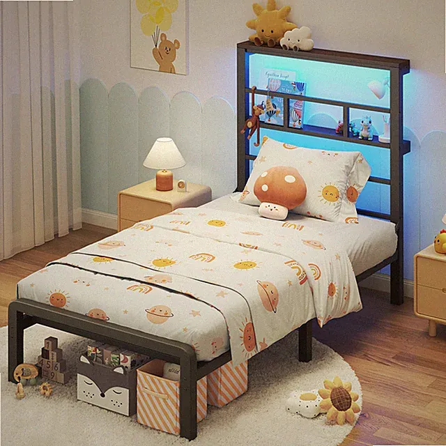Metallbett Bettgestell Schlafzimmerbett mit Lattenrost LED-Licht Regal 90x190cm