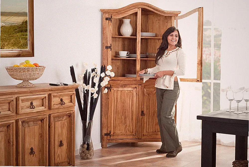 MEXICO Eckvitrine Eckschrank Vitrine, Pinie massiv + groß, montiert, Möbel