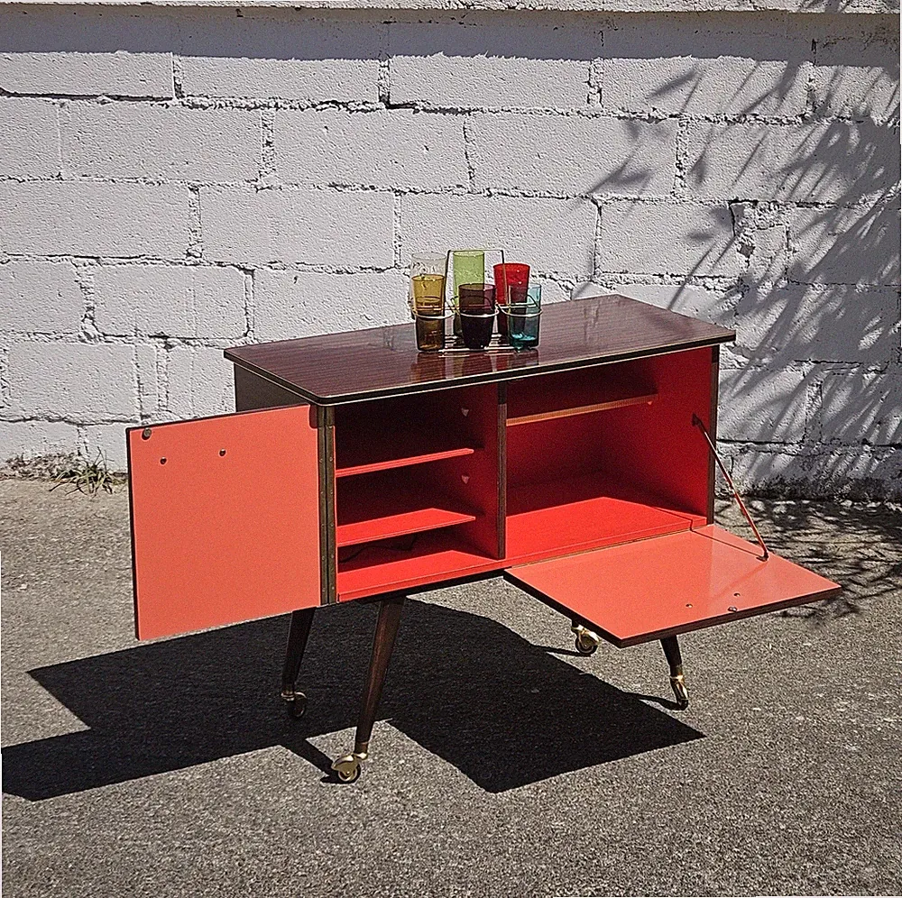 MID-CENTURY Formica Barwagen -Fahrbarer Bar Trolley Mahagoni Stil - 60er Jahre