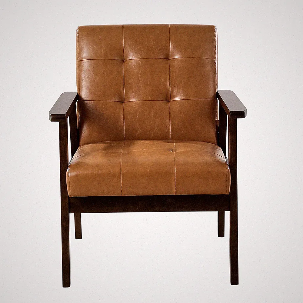 Mid-Century Modern Akzentstühle Sessel aus PU-Leder mit Massivholzrahmen