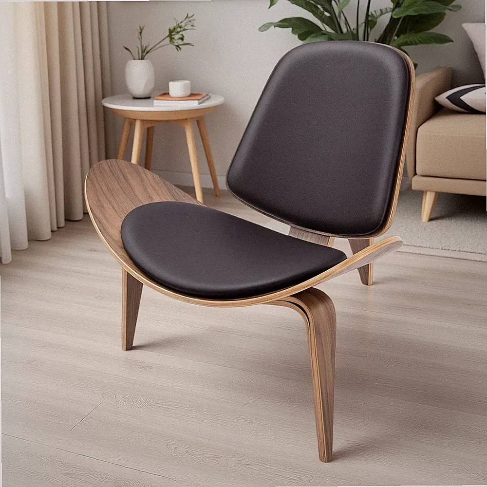 Mid Century Modern Lounge Shell Chair Sessel Akzentstuhl Lederkissen Massivholz