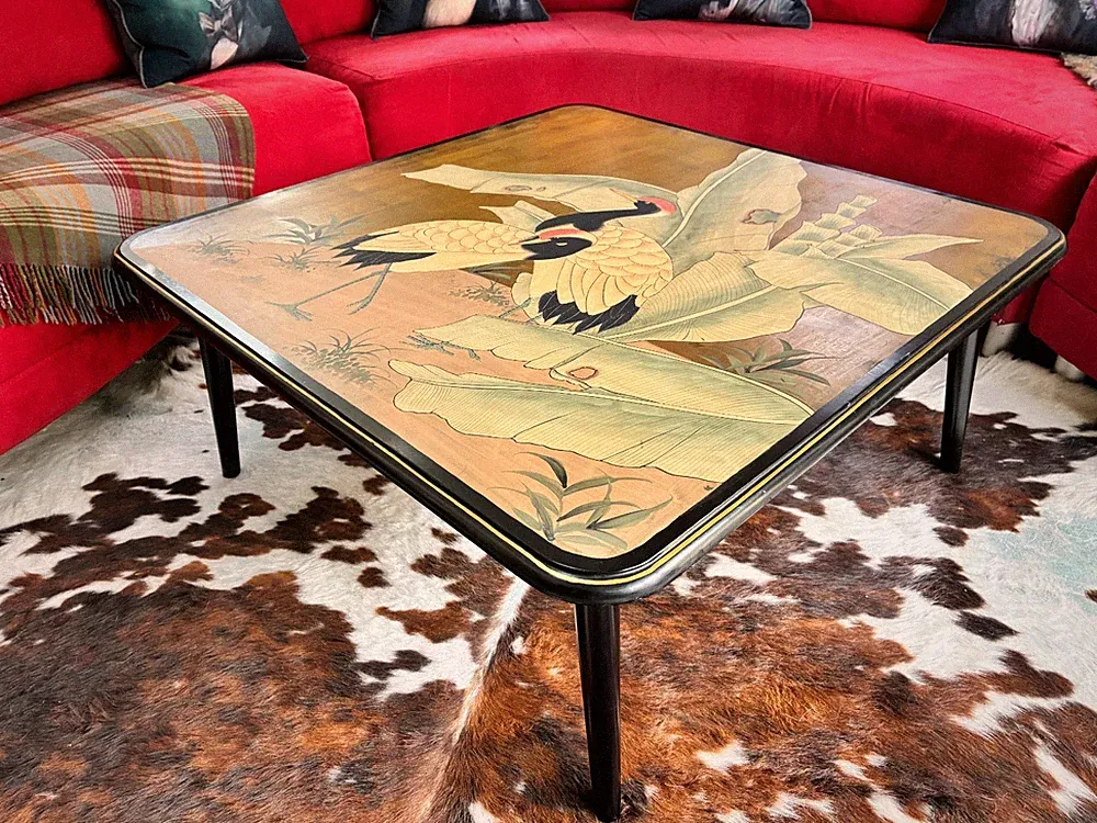 Mid Century Vintage Couchtisch handbemalt lackiert Kitsch Bild 90 cm qm