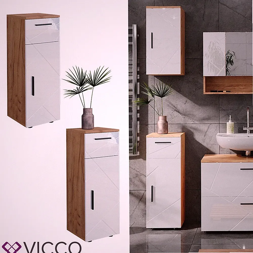 Midischrank Badschrank Badezimmermöbel Bad Irma Eiche weiß Hochglanz Vicco